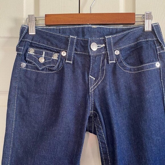 True Religion Becky Embellished Rhinestone Flap Button Pocket Stadium Patch Jean - Picture 3 of 8